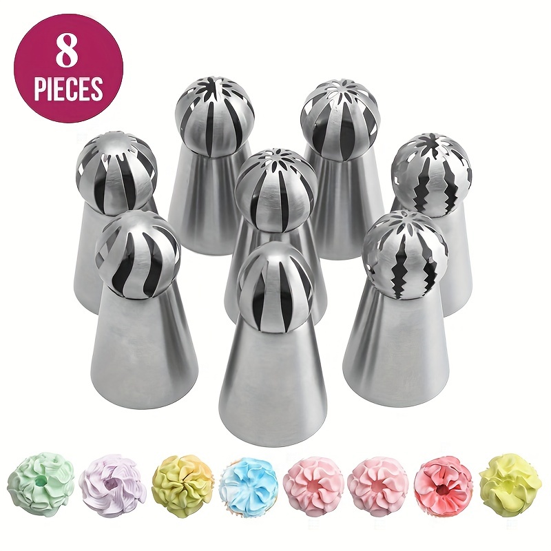 

8pcs, Stainless Steel Russian Ball Pipping Tips For Cupcake And Cake Decorating - Perfect For Puff Making, Cookie Making, And Baking - Kitchen Gadgets And Accessories