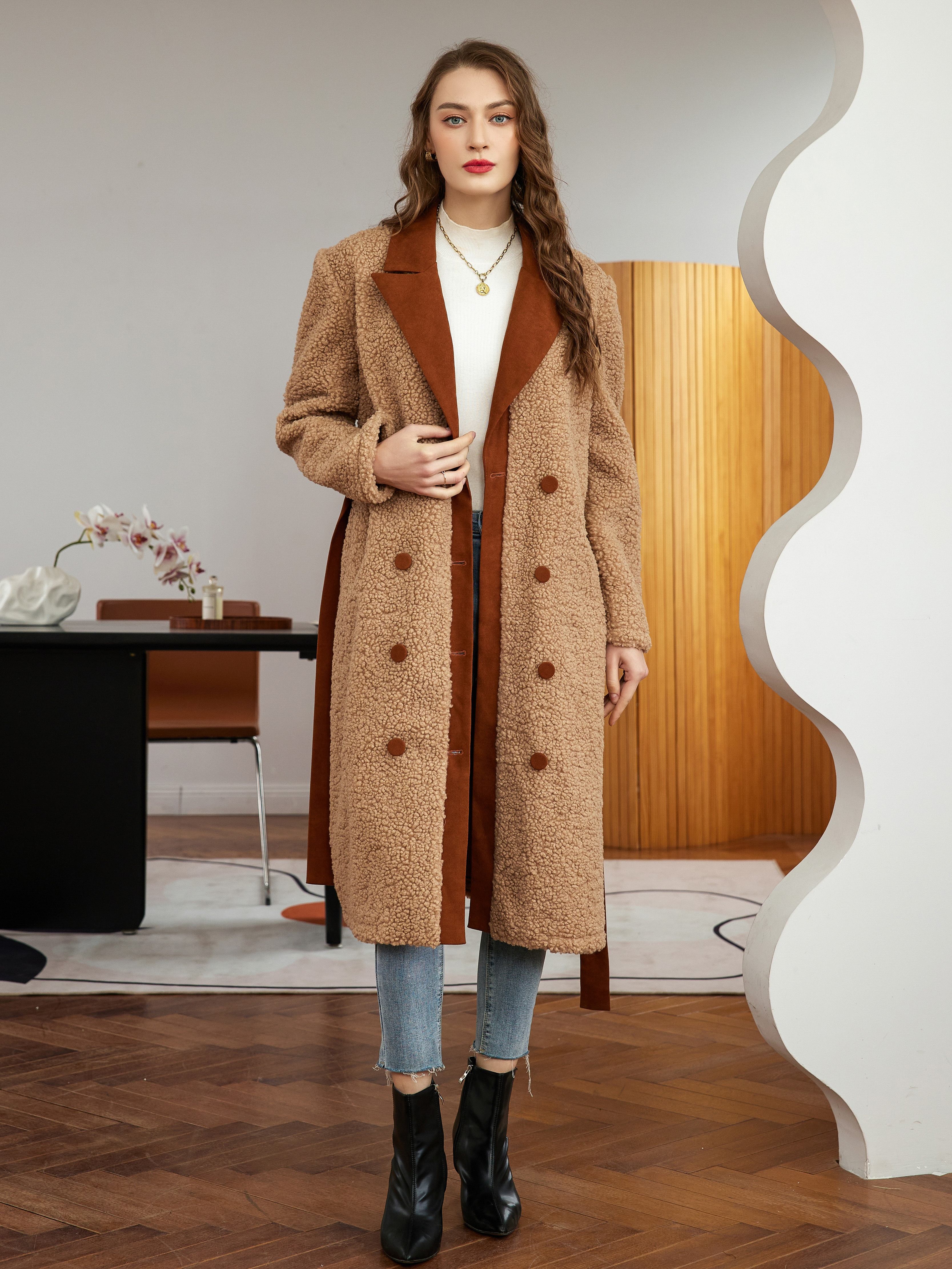  Double Breasted Lapel Neck Teddy Coat (Color : Brown