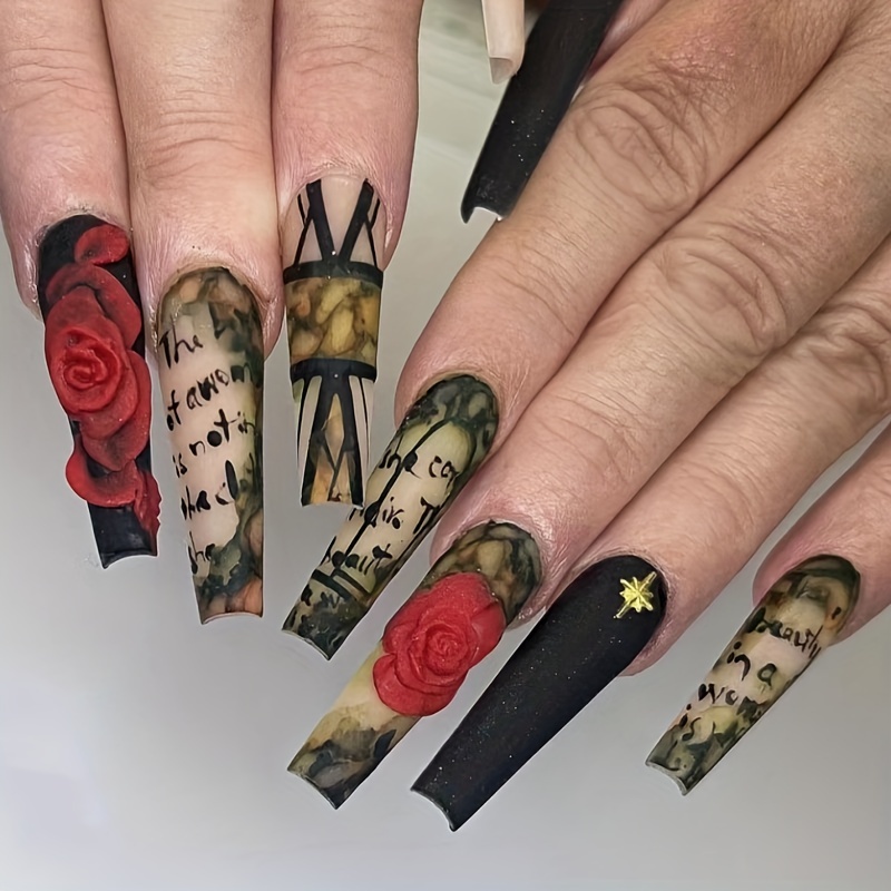 Rose Pattern Press On Witch Fake Nails With Detachable Tip And Rhinestone  Stickers Black Manicure Full Cover From Konig_albert, $5.1