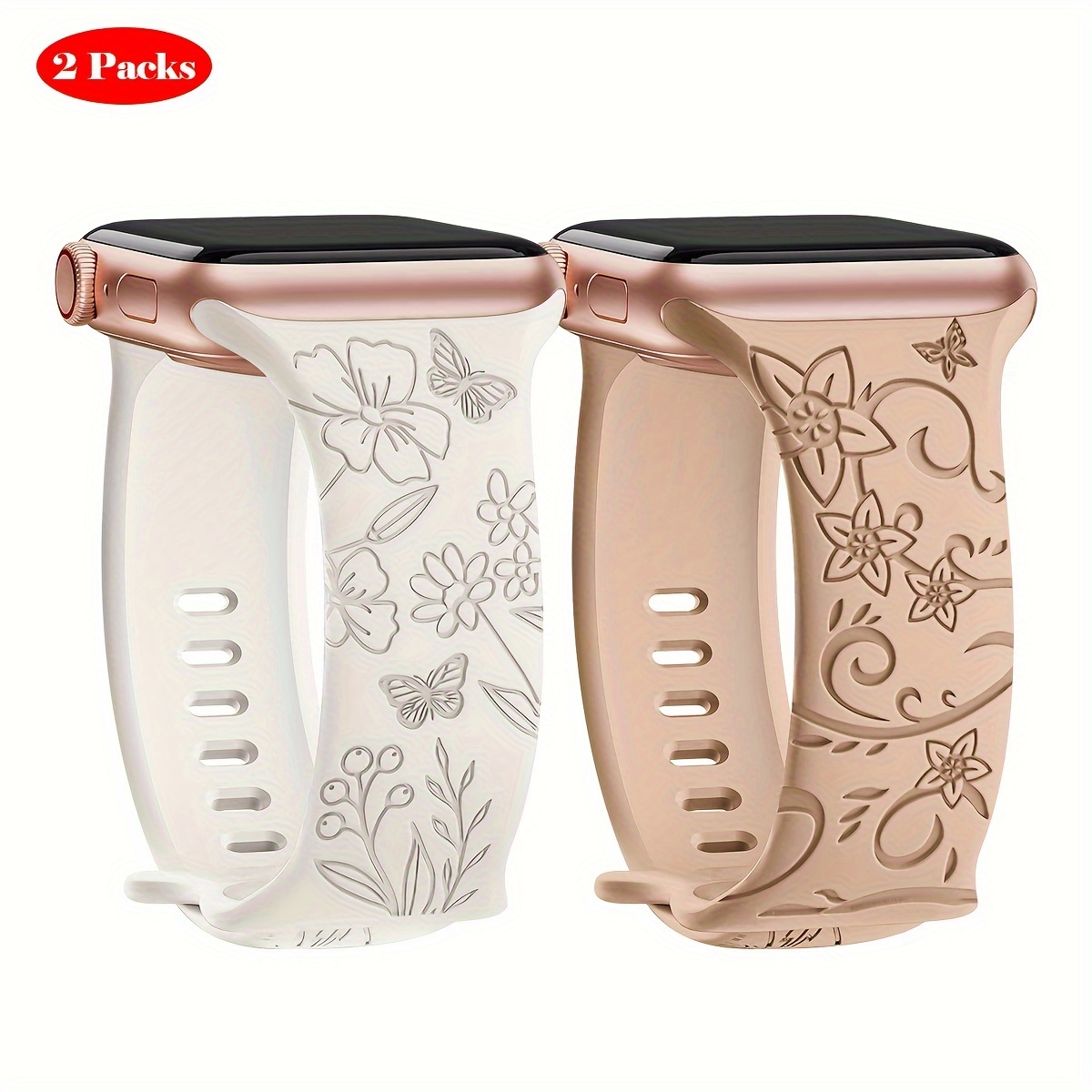 

2pcs Floral Engraved Bands Compatible With Iwatch Band 40mm 41mm 38mm 42mm 44mm 45mm 49mm Women, Soft Silicone Cute Wildflowers Sport Laser Strap For Iwatch Bands Series 9 Ultra Se 8 6 5 4 3 2 1