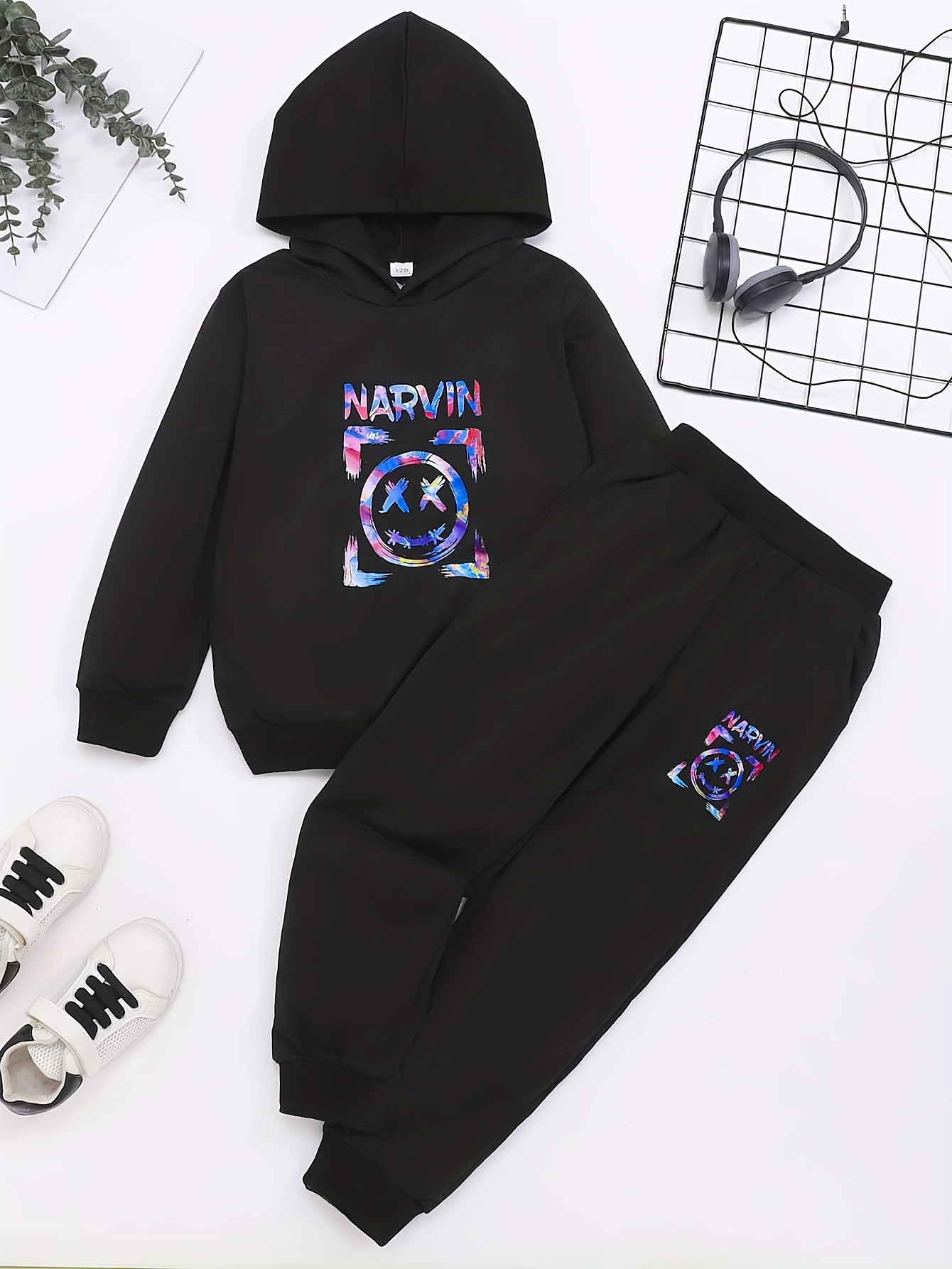 Conjunto De 2 Uds Con Patr n Que Brilla En La Oscuridad Para Ni o Conjunto De Pantalones Para Correr Y Sudadera Con Capucha Con Estampado De NARVIN