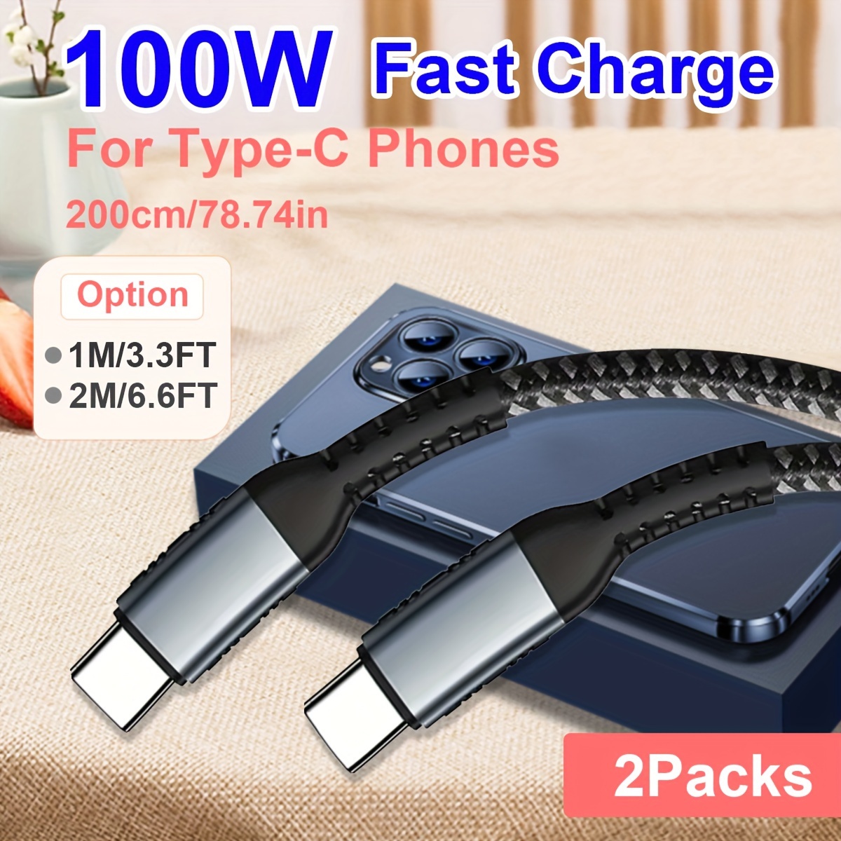 100W USB Tipo C Cable De Carga Rápida Trenzado