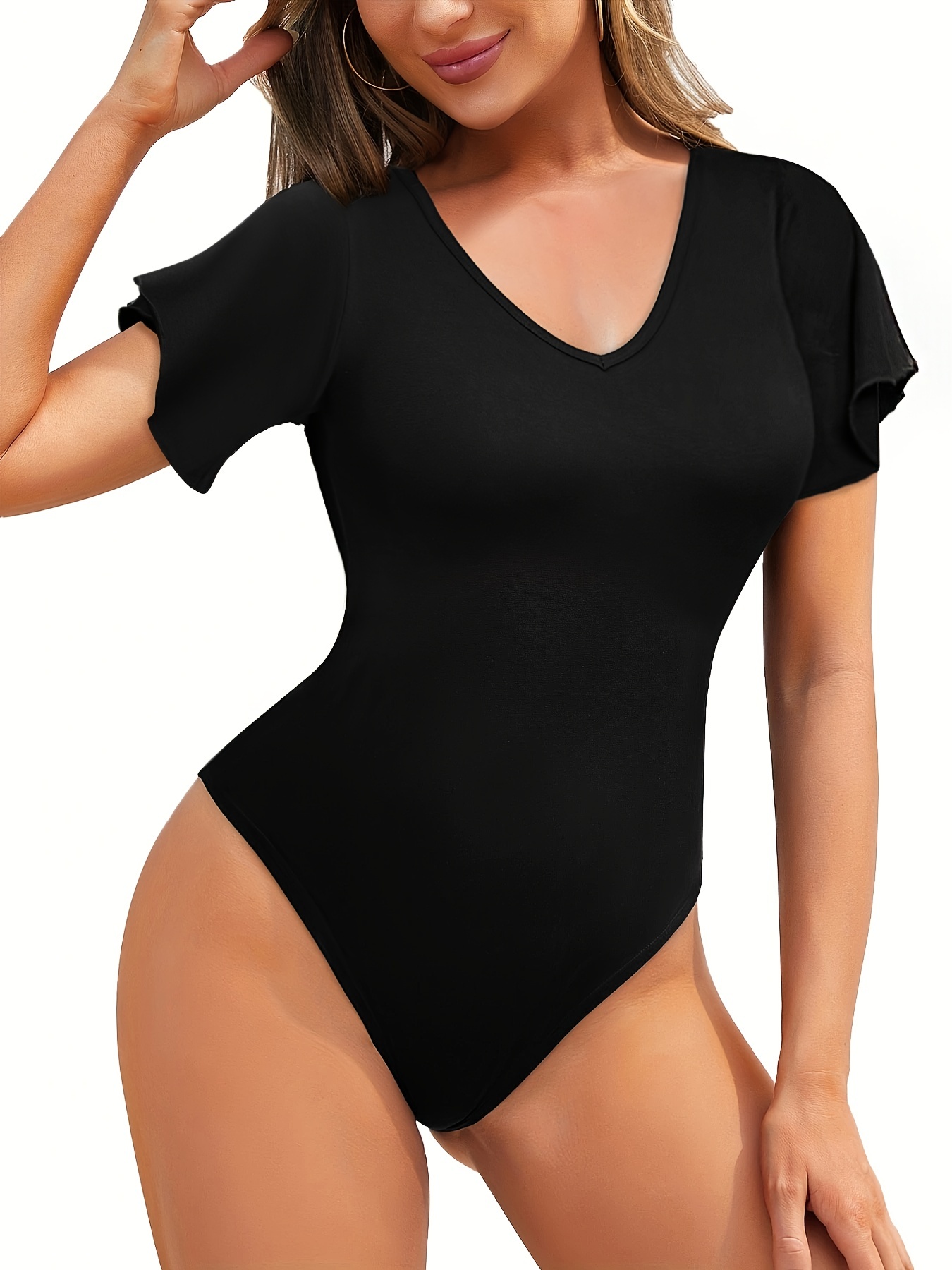 Seamless Shaping Bodysuit Ruffle Short Sleeve V Neck Tummy - Temu Canada