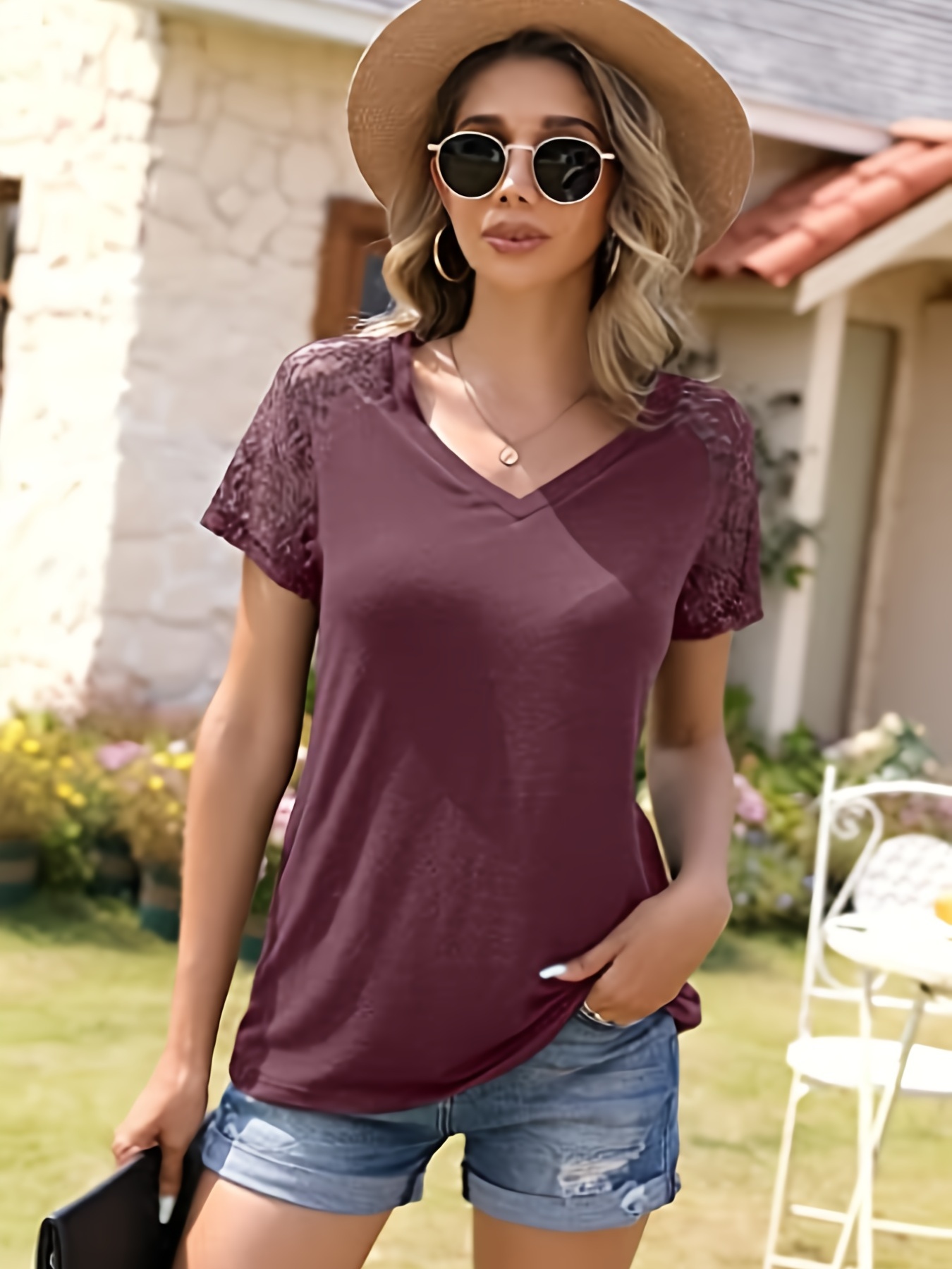 Summer Women's Casual Suit Short Sleeve V-Neck T-Shirt And Loose