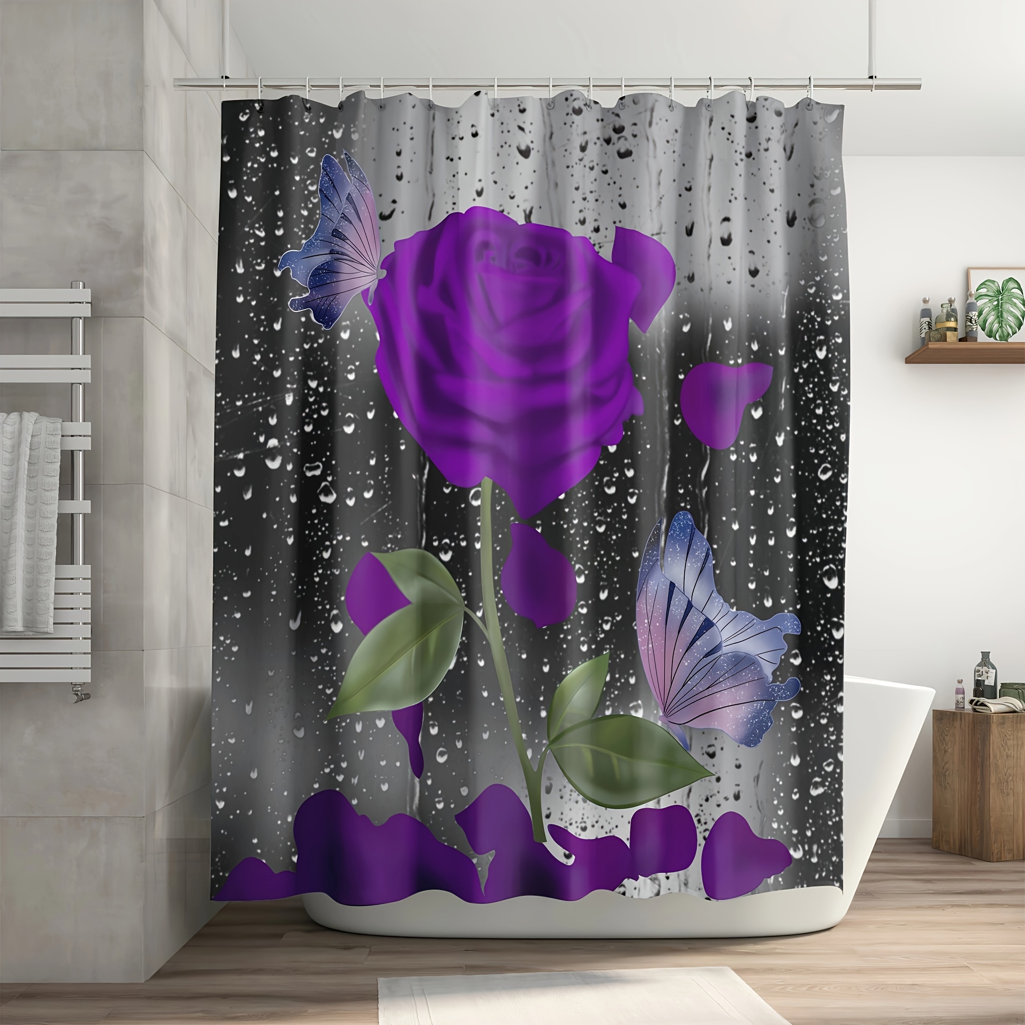 4 PCS Floral Lavender Shower Curtain Sets with Non-Slip Rugs