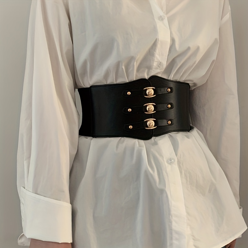 Women's Double Buckle Wide Belt Vintage Corset Girdle Pu - Temu