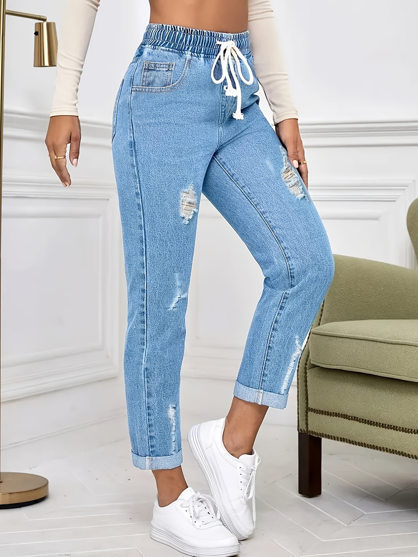 Fashion Women's Jeans/Pants High Waist Distressed High Elastic