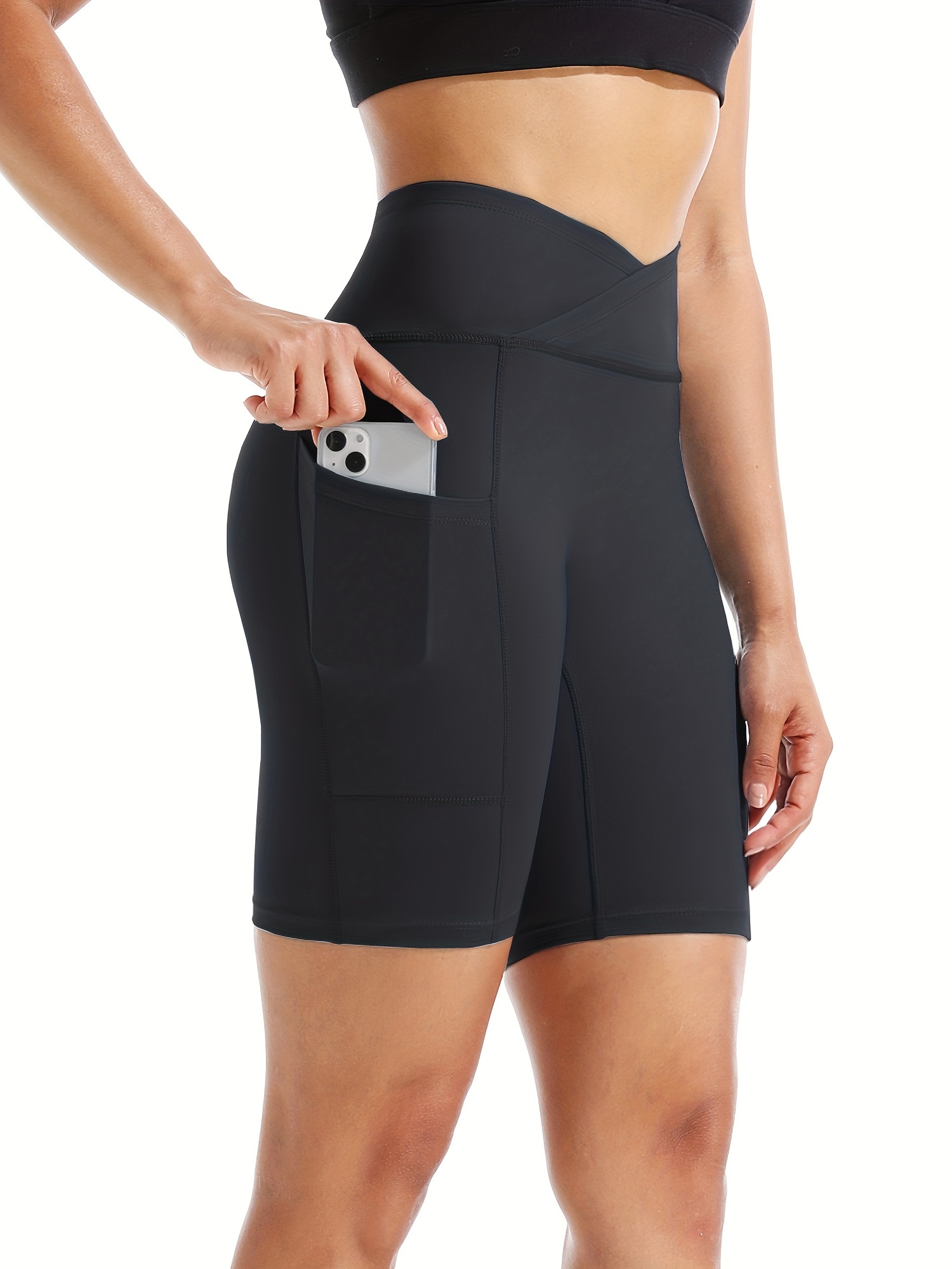 Solid Yoga Biker Shorts Pockets Stretchy Polyamide High - Temu