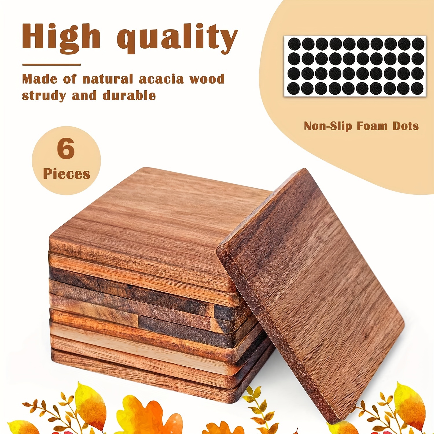 6pcs Wood Coasters, 4 Inch Square Acacia Wooden Coasters For Crafts With  Non-Slip Silicon Dots For DIY Stained Painting Wood Engraving Home  Decoration