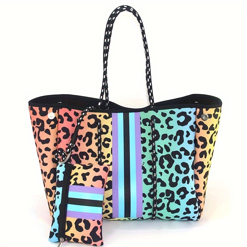 Ensemble de 2 sacs de plage en néoprène pour lété, sacs à main en néoprène imprimé léopard, grand sac fourre-tout imprimé léopard avec petit sac