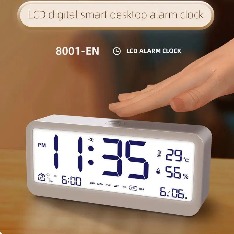 Digital Alarm Clock, with Wooden Electronic LED Time Display, 3-Alarm  Settings, Humidity and Temperature Detect