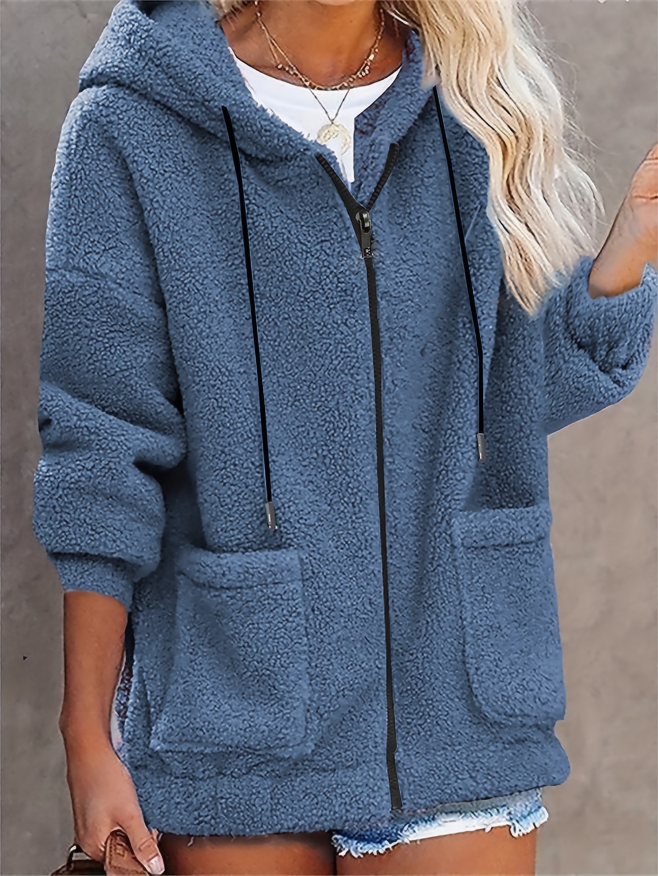 Womens Fuzzy Fleece Jacket Full Zip Up Sherpa Hoodie Solid Long