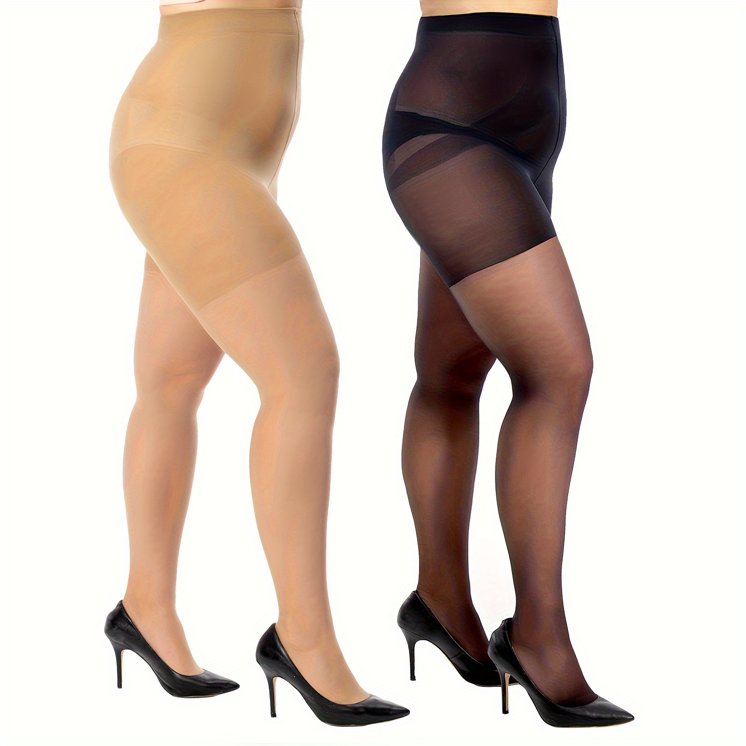 2 Pairs Womens Sheer Tights 40D Control Top Pantyhose Queen Size Reinforced  Toes