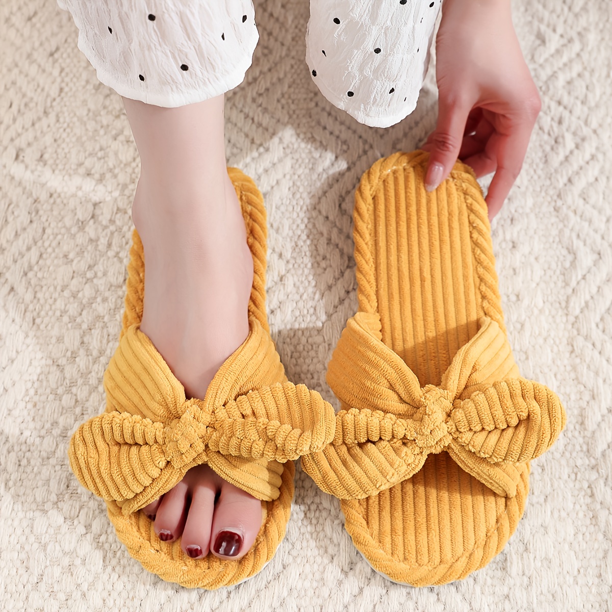 Honey Girl Striped Corduroy Fuzzy Slippers for Women, All-Season Slip-on Indoor/Outdoor Non-Slip Thick Sole Fluffy House Shoes, Hand Washable Fabric Upper/Inner with EVA Sole