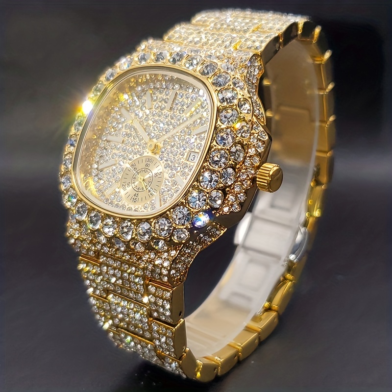 Iced Out Luxury Brand Men's Waterproof Quartz Watch With Rhinestone  Decoration, Hollow-out Dial
