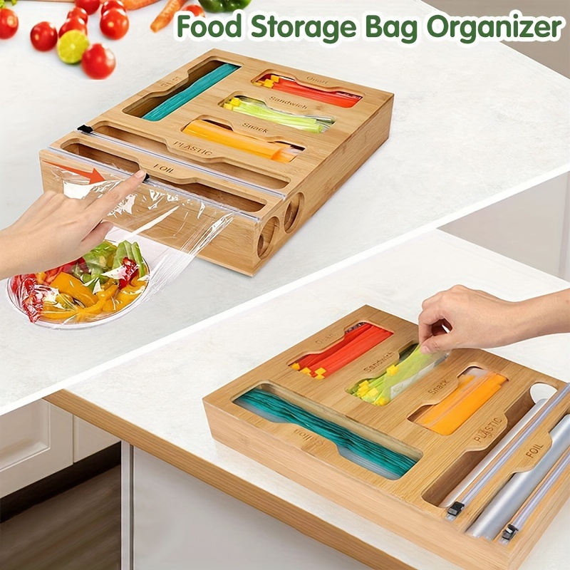 DUJEN dujen bamboo ziplock bag storage organizer, food storage bags  container organizer with slider, kitchen plastic bags storage c