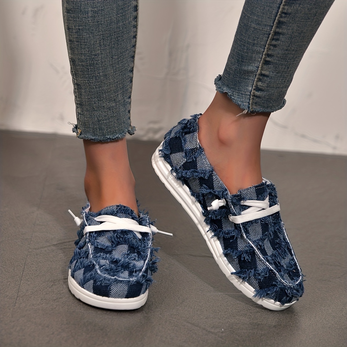 Women's Sea Blue Denim Print Boat Shoes, Lace Up Slip-on Canvas Shoes,  Lightweight Soft Sole Walking Shoes
