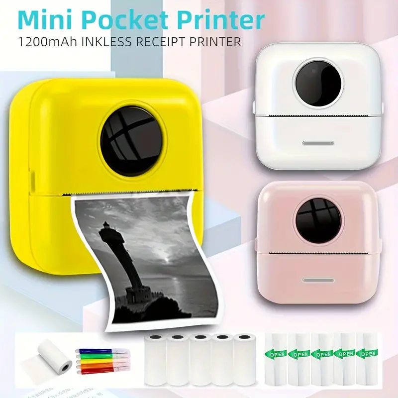 Impresora portátil, mini impresoras térmicas inalámbricas Bluetooth de  bolsillo con 6 rollos de papel de impresión