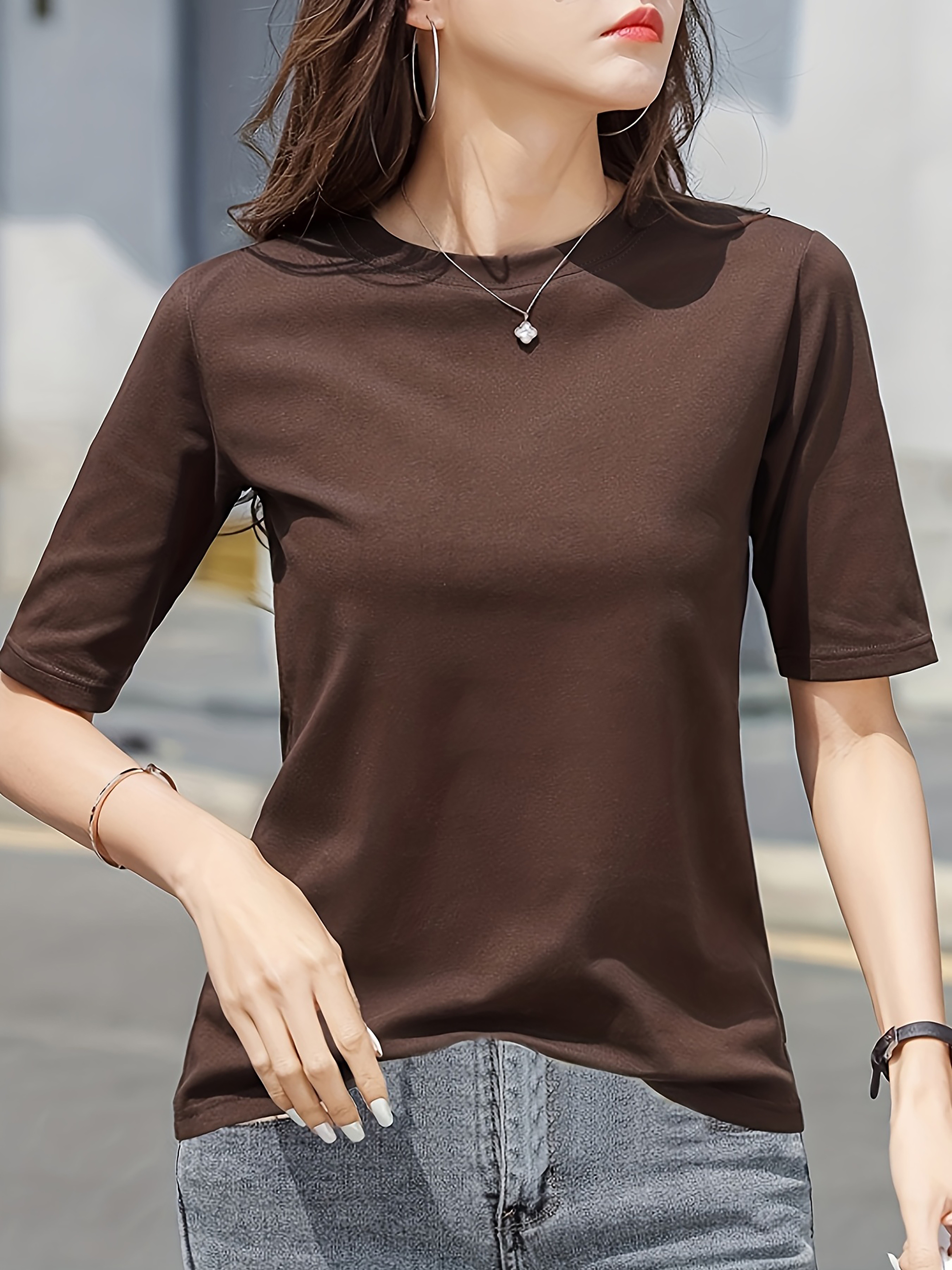 Solid Color Crew Neck Cotton Blend T-shirt, Blouses, Tee, Women's Short Sleeve Crew Neck Casual Top For Summer Spring Women's Clothing T-shirt