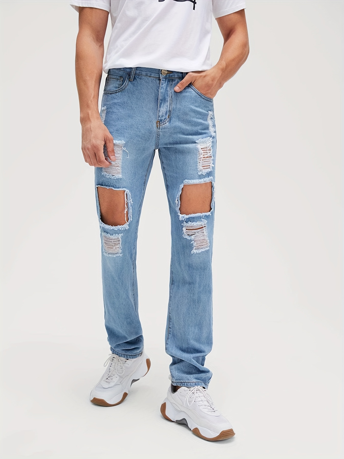Loose Fit Ripped Jeans, Men's Casual Street Style Distressed Denim Pants  For Spring Summer