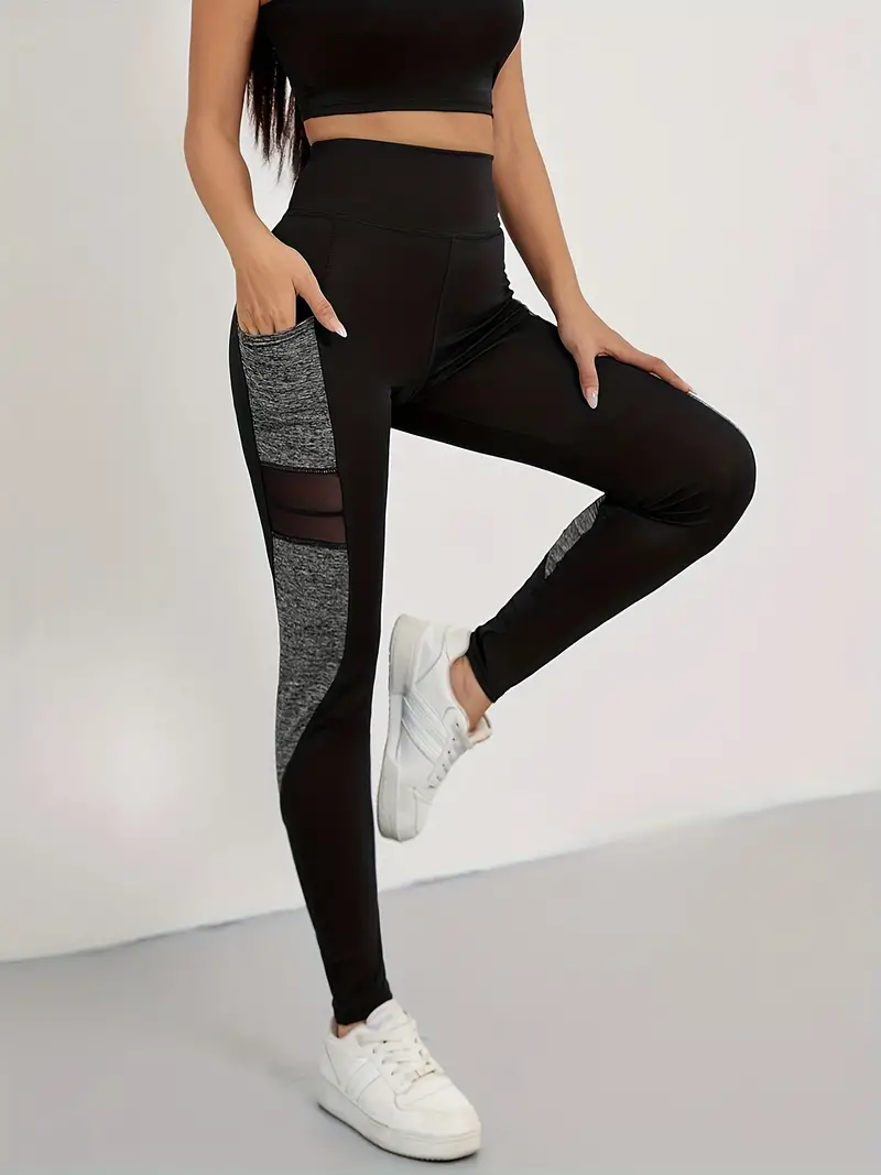 Contrast Color Mesh Stitching Yoga Leggings, High Waist Hip Lifting Side  Pockets Fitness Workout Pants, Women's Activewear