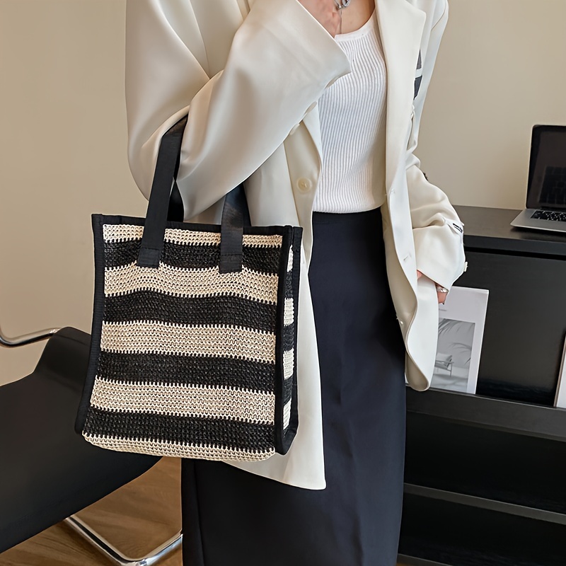 Trendy Striped Woven Tote Bag, Casual Portable Square Handbag