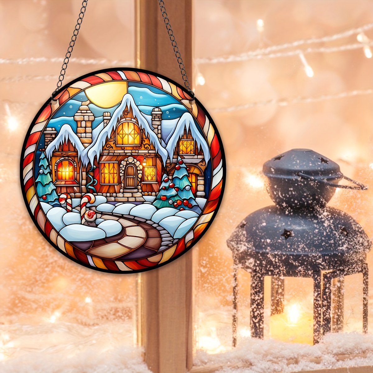Christmas House Stained Glass Background Snow (2836282)