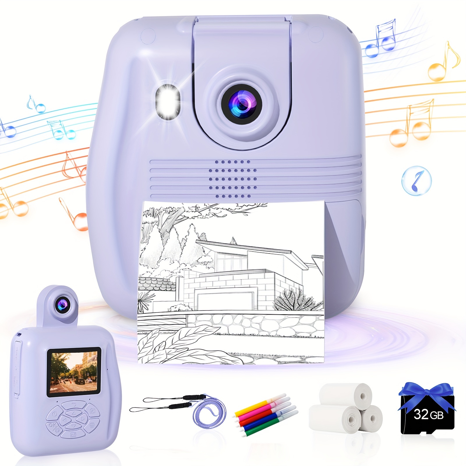 Chat 10 Rouleaux 32G-Appareil photo à impression instantanée pour enfants,  appareil photo avec papier thermi