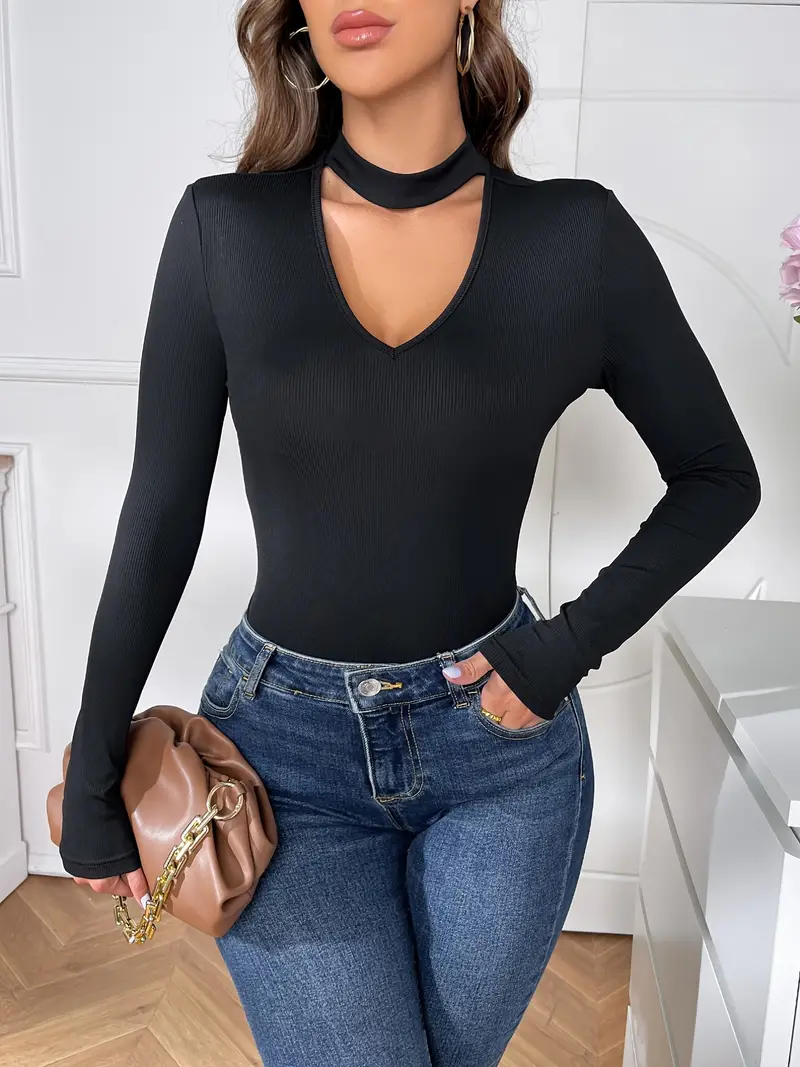 Solid Crew Neck Long Sleeve Stretchy Bodysuit Mature Sexy - Temu Canada
