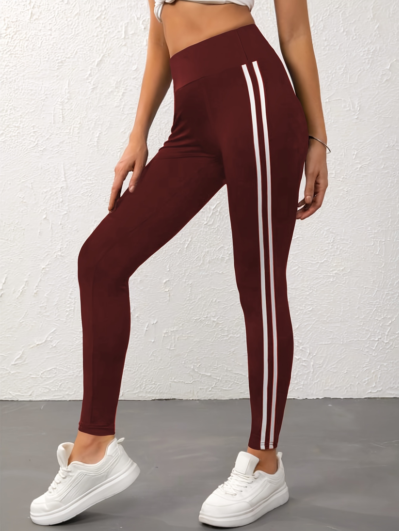 Fashion Ladies Maroon Tights/Jeggings- White Yoga Stripes @ Best Price  Online