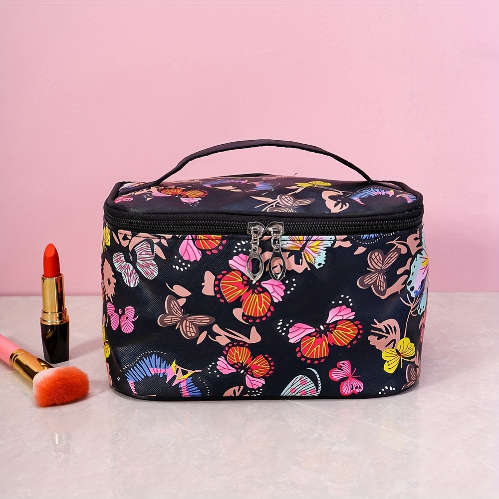 

Butterfly Print Makeup Bag Travel Case, Large Capacity Toiletry Bag With Handle, Square Travel Organizer Great Gift For And Women - Mother's Day Gifts