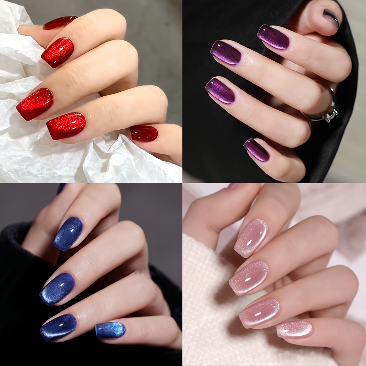 4 box 96pcs glossy short square nails red nude pinkish blue purple phantom glitter cat eye fake nails fully cover false nails reusable fake nail for female girls details 1