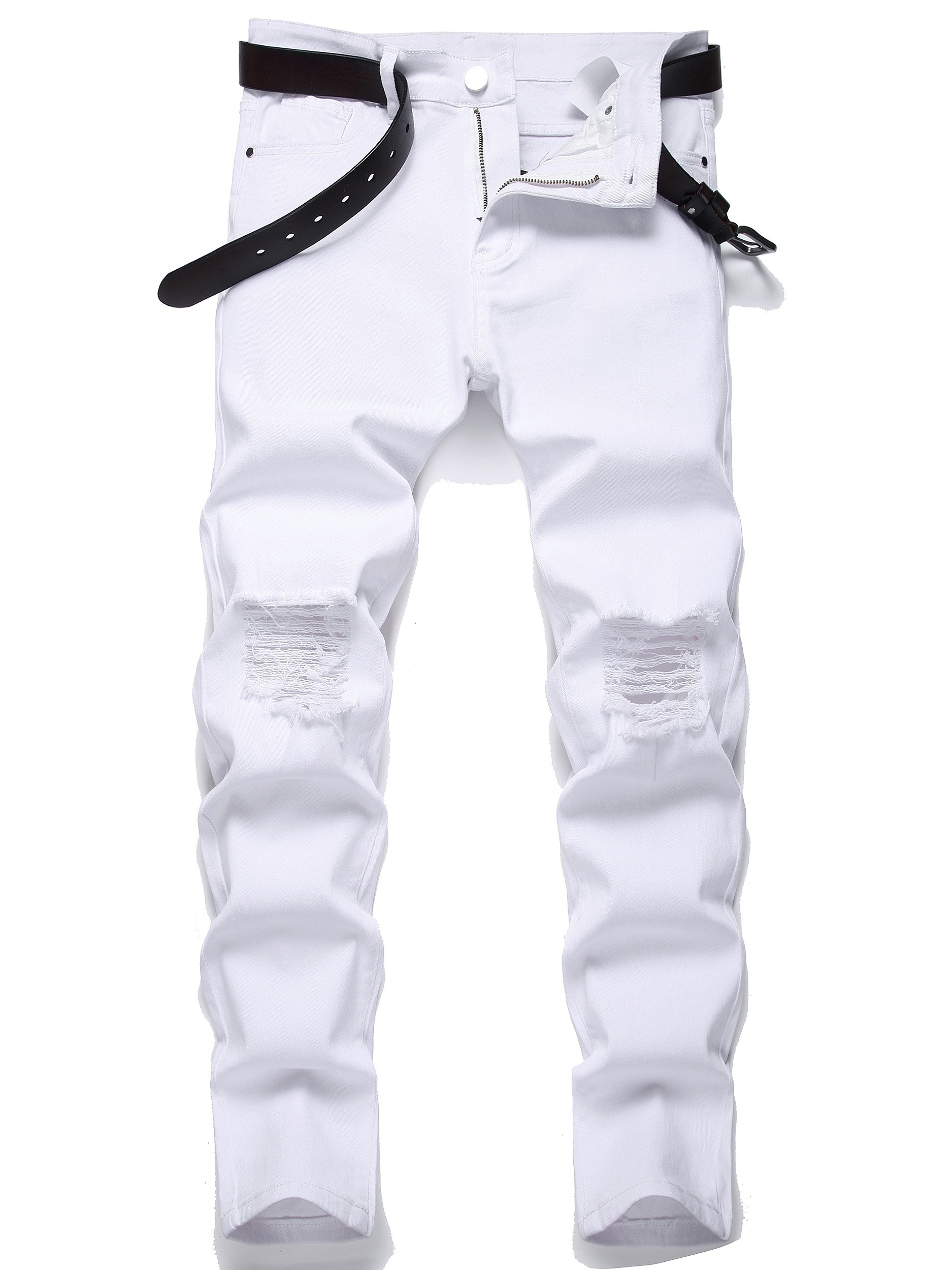 White Ripped Design Slim Fit Jeans Men's Casual Street Style