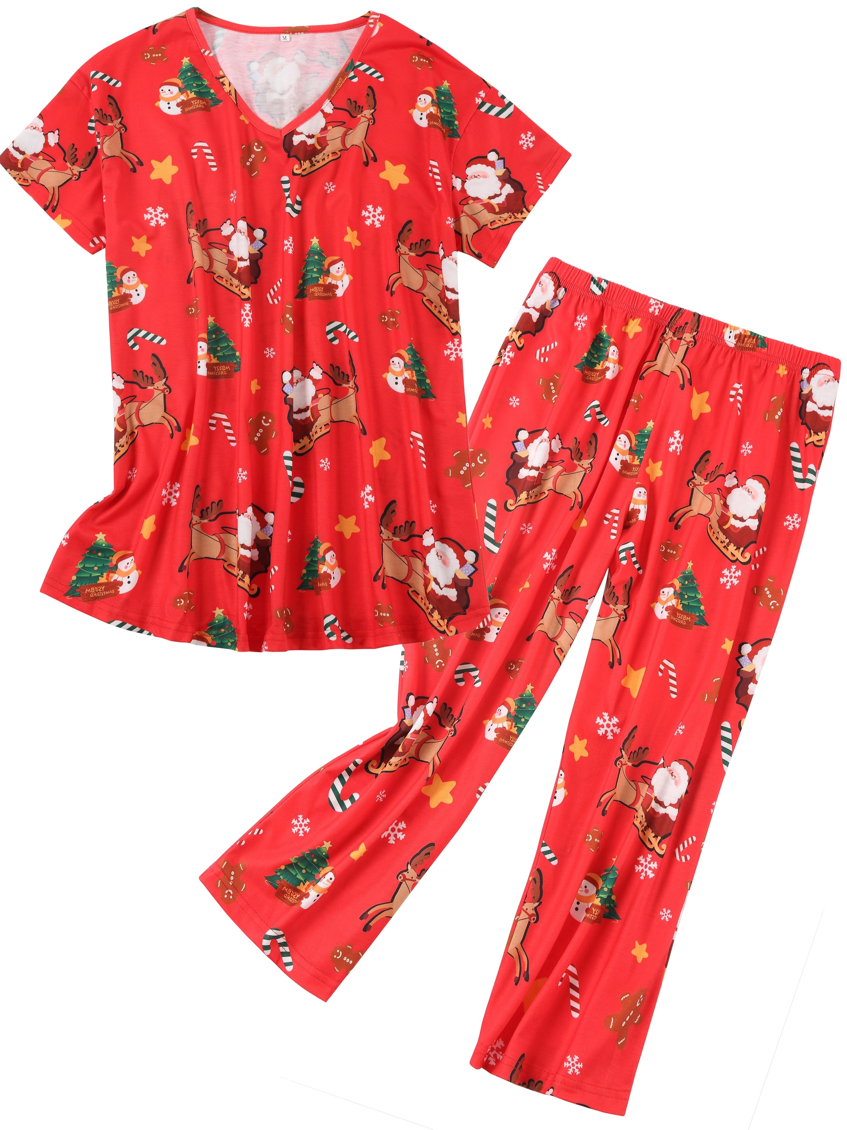 Cartoon Christmas Print Pajamas Set Short Sleeve V Neck Top - Temu  Philippines