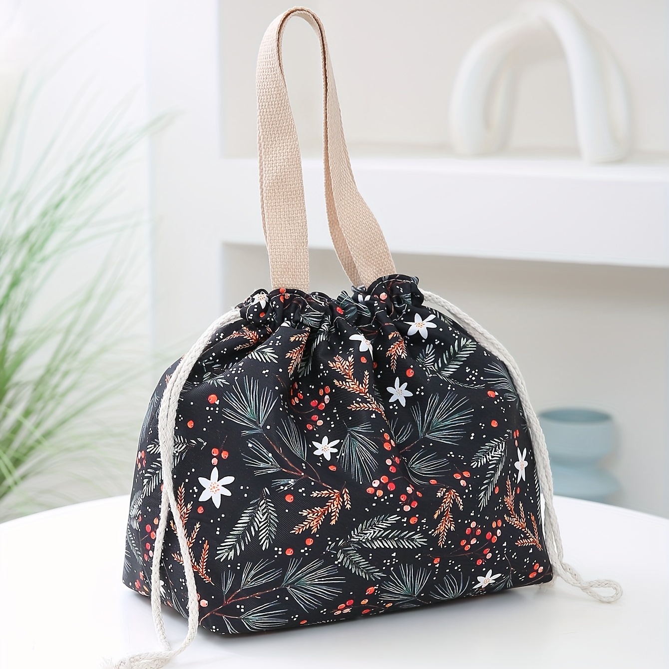 Canvas Drawstring Lunch Bag Versatile Onigiri Pattern Handbag For
