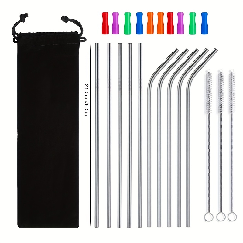 8pcs Metal Drinking Straws Reusable Stainless Steel Rubber Silicone Tips  Covers