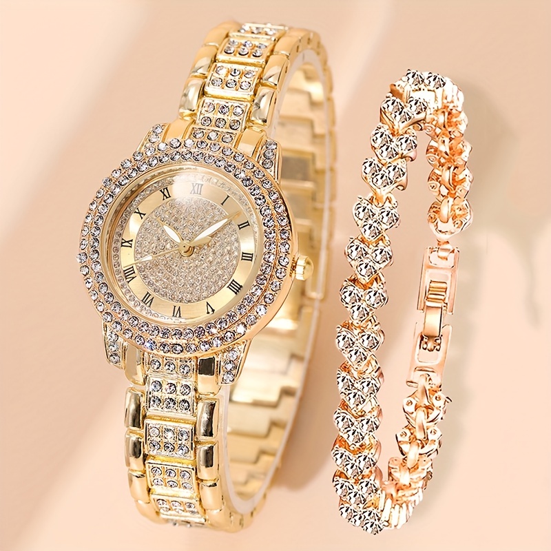 

2pcs/set Women's Watch Luxury Rhinestone Quartz Watch Rome Fashion Analog Wrist Watch & Bracelet, Gift For Mom Her