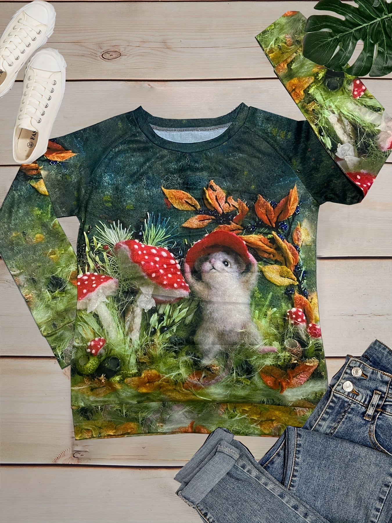 Graphic Print Crew Neck Long Sleeve T-shirt for Women