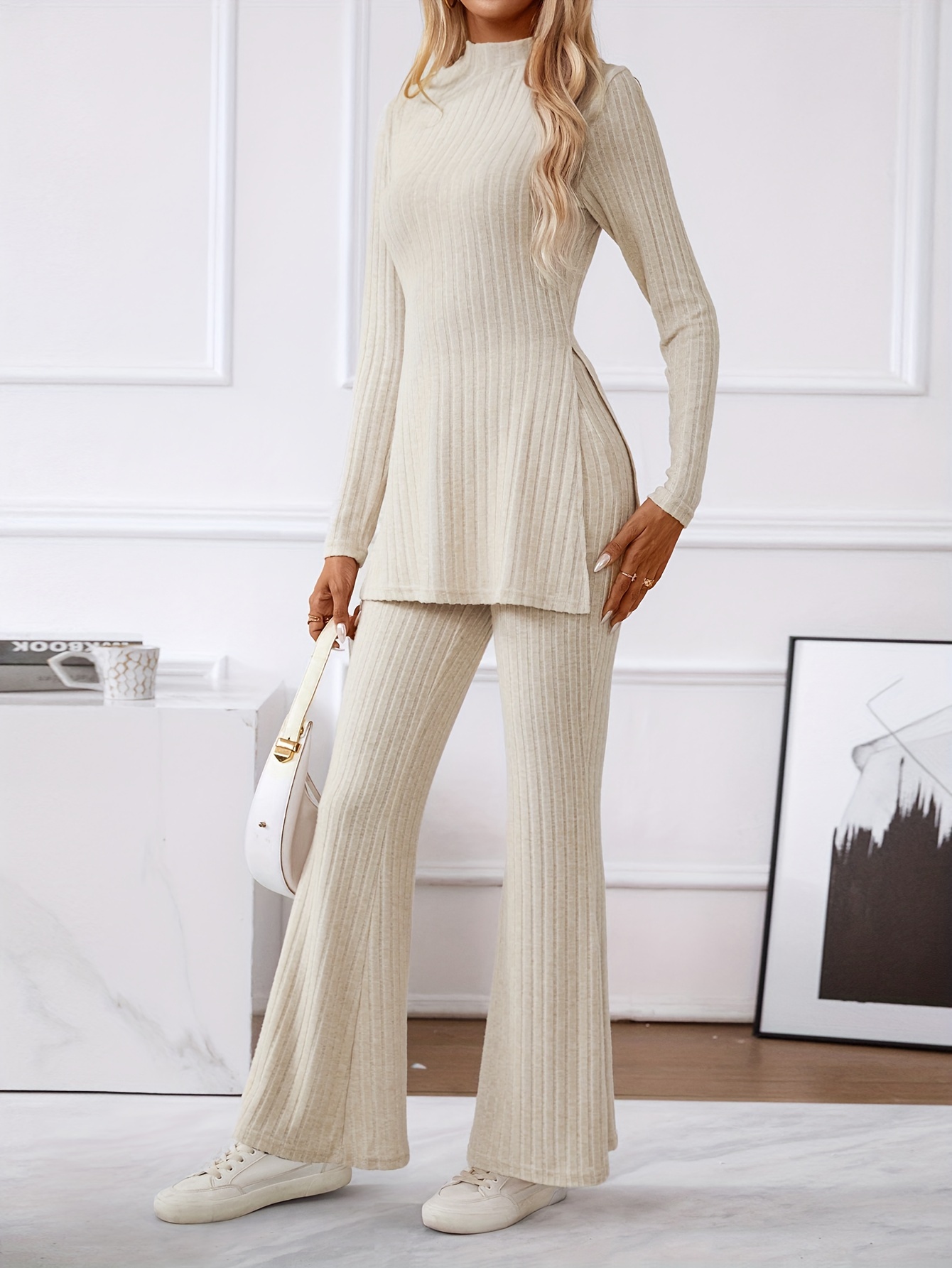 Casual Solid Ribbed Two-piece Set, Long Sleeve Mock Neck Side Split Top &  Flare Leg Pants Outfits, Women's Clothing