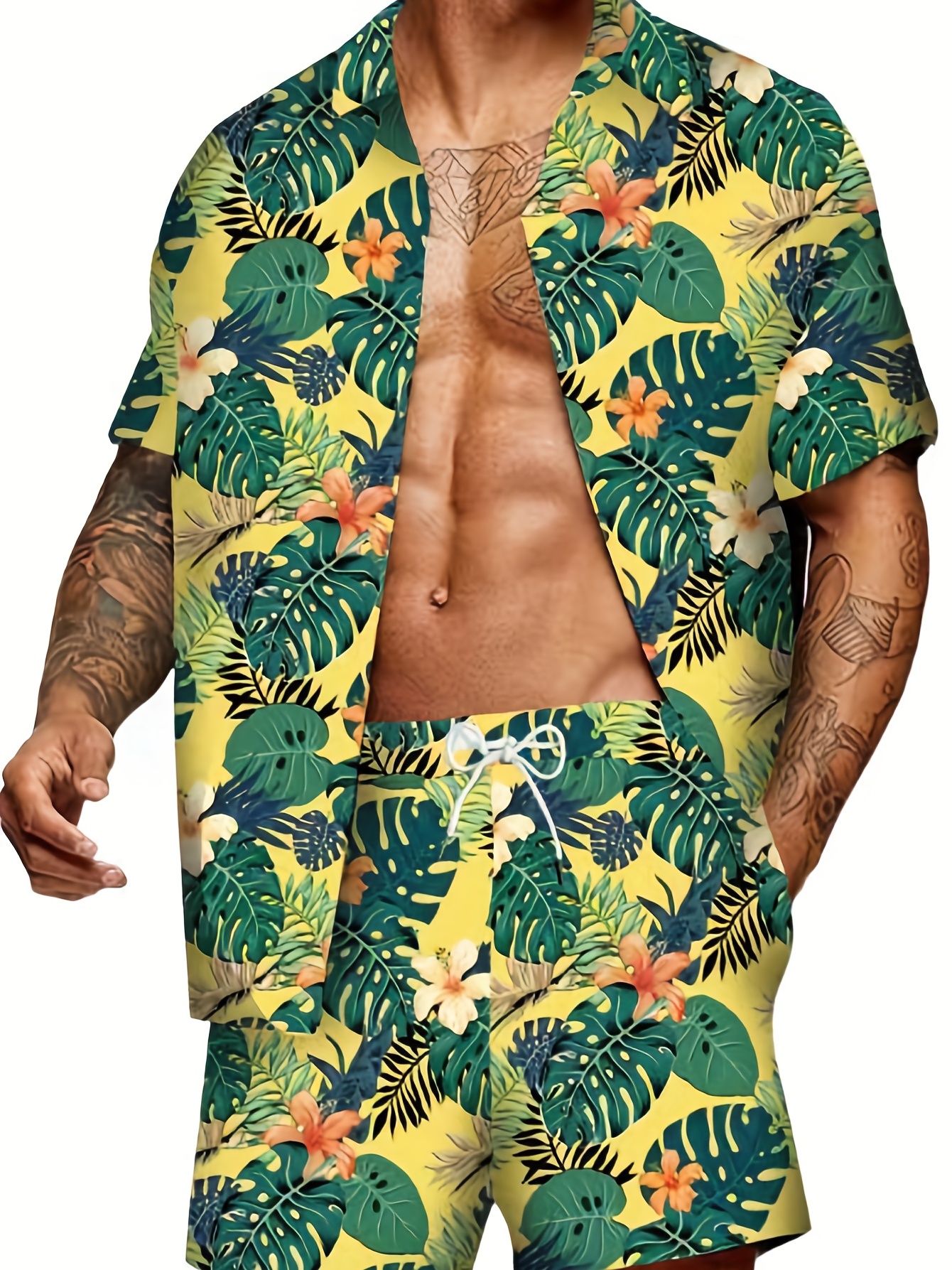 Temu Plus Size Tropical Trees Print Men's Beach Vacation Shirt Shorts Set for Summer, Hawaiian Style Oversized Graphic 2pcs Outfits for Big & Tall Guys