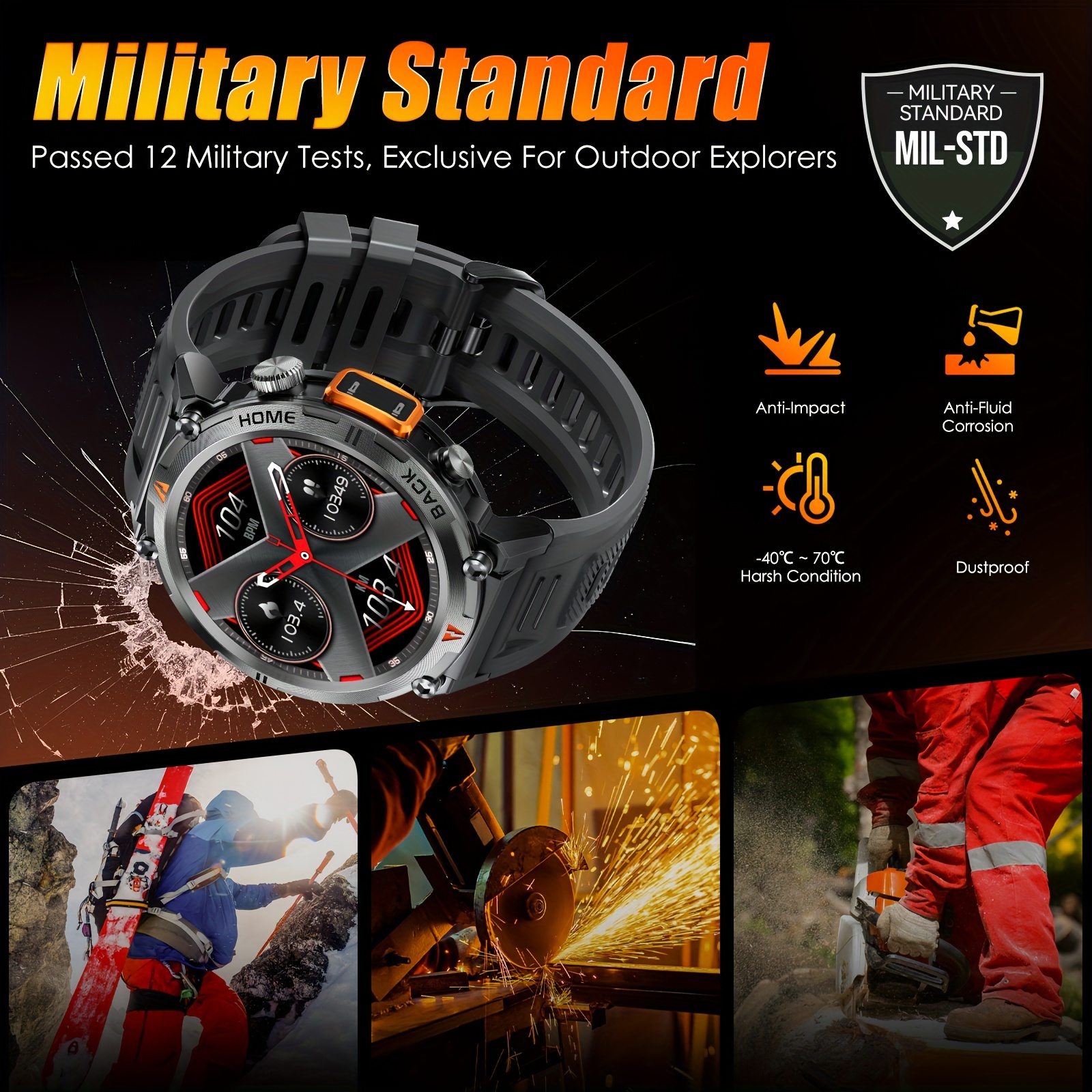  Military Smart Watches for Men (Answer/Make Calls) Rugged  Tactical Smartwatch with Flashlight Compatible with iPhone Android 1.45 HD  Big Screen Fitness Tracker Heart Rate Sleep Monitor Watch (Black) :  Electronics