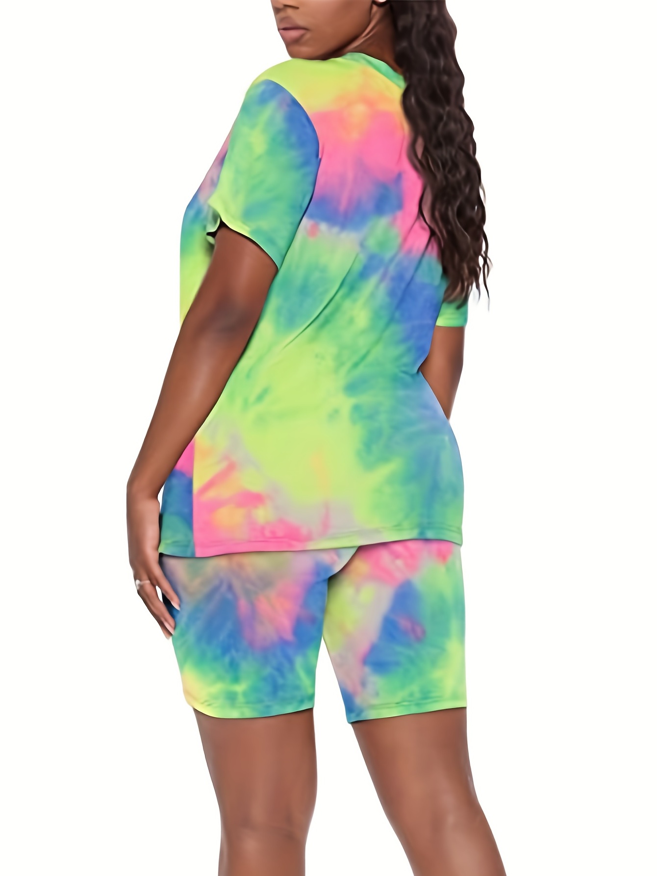 WDIRARA Women's Plus Size Tie Dye Pajama V Neck Short Sleeve
