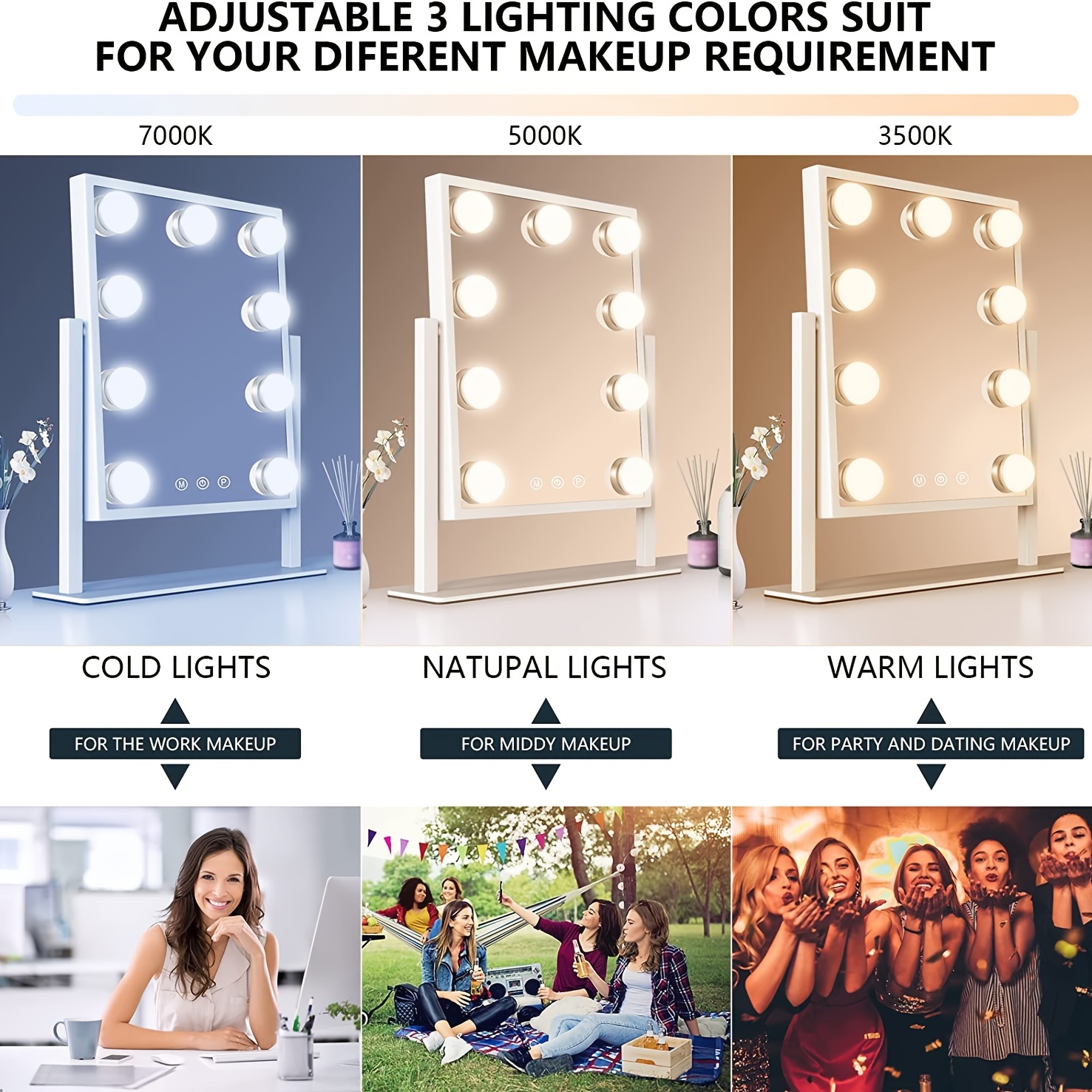MiroFan Vanity Mirror with Lights Hollywood Mirror Lighted Makeup Mirror  with Dimmable&3 Color Modes Lights, 9 LED Bulbles with Detachable 10X