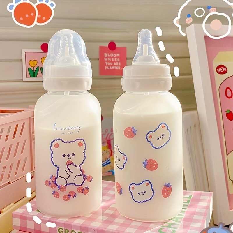 Cute Strawberry Glass Water Bottle With Straw Portable Leakproof