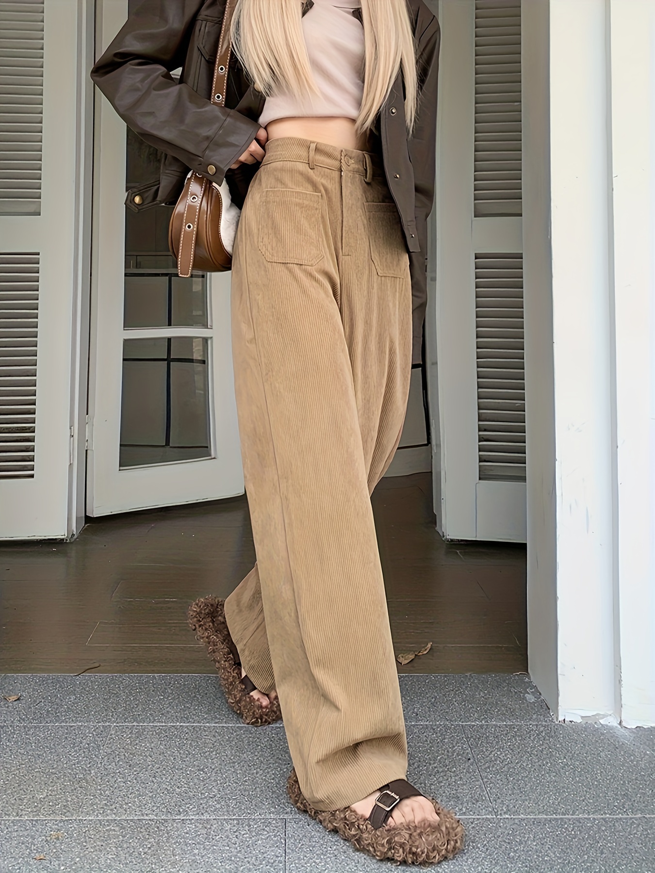 Women Wide Leg Pants With Pockets Solid Color Relaxed Fit Casual