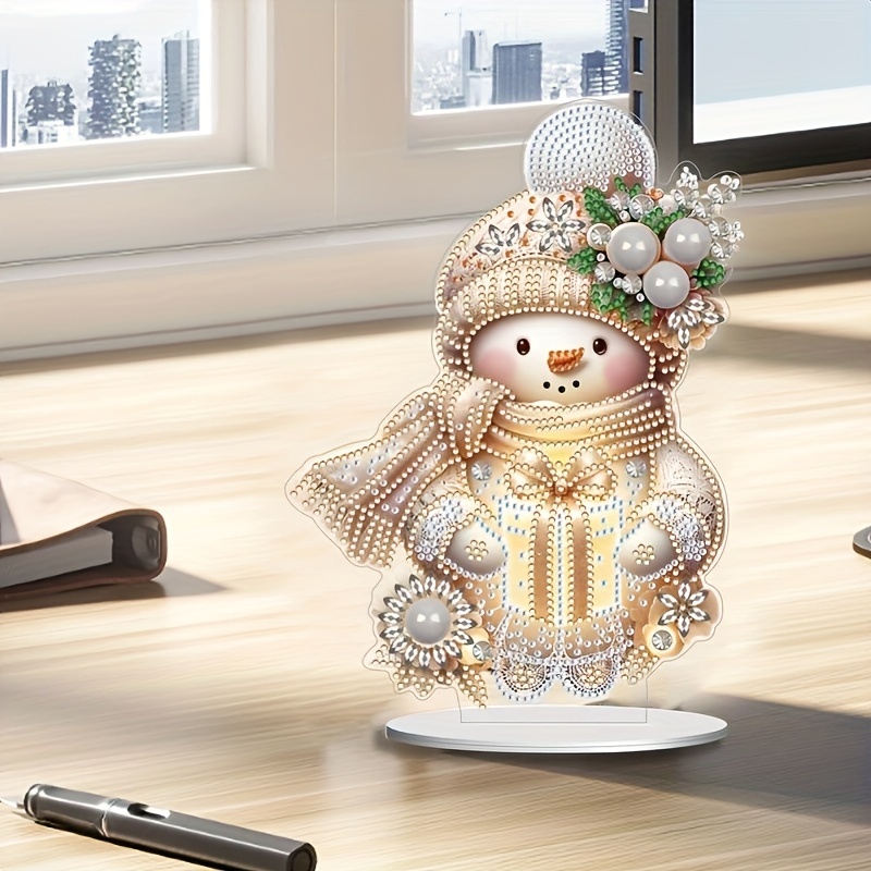 

1pc Ornament Gift Box Wearing Hat Snowman Single Side Point Artificial Diamond Painting Kit Desktop Bedroom Study Decoration