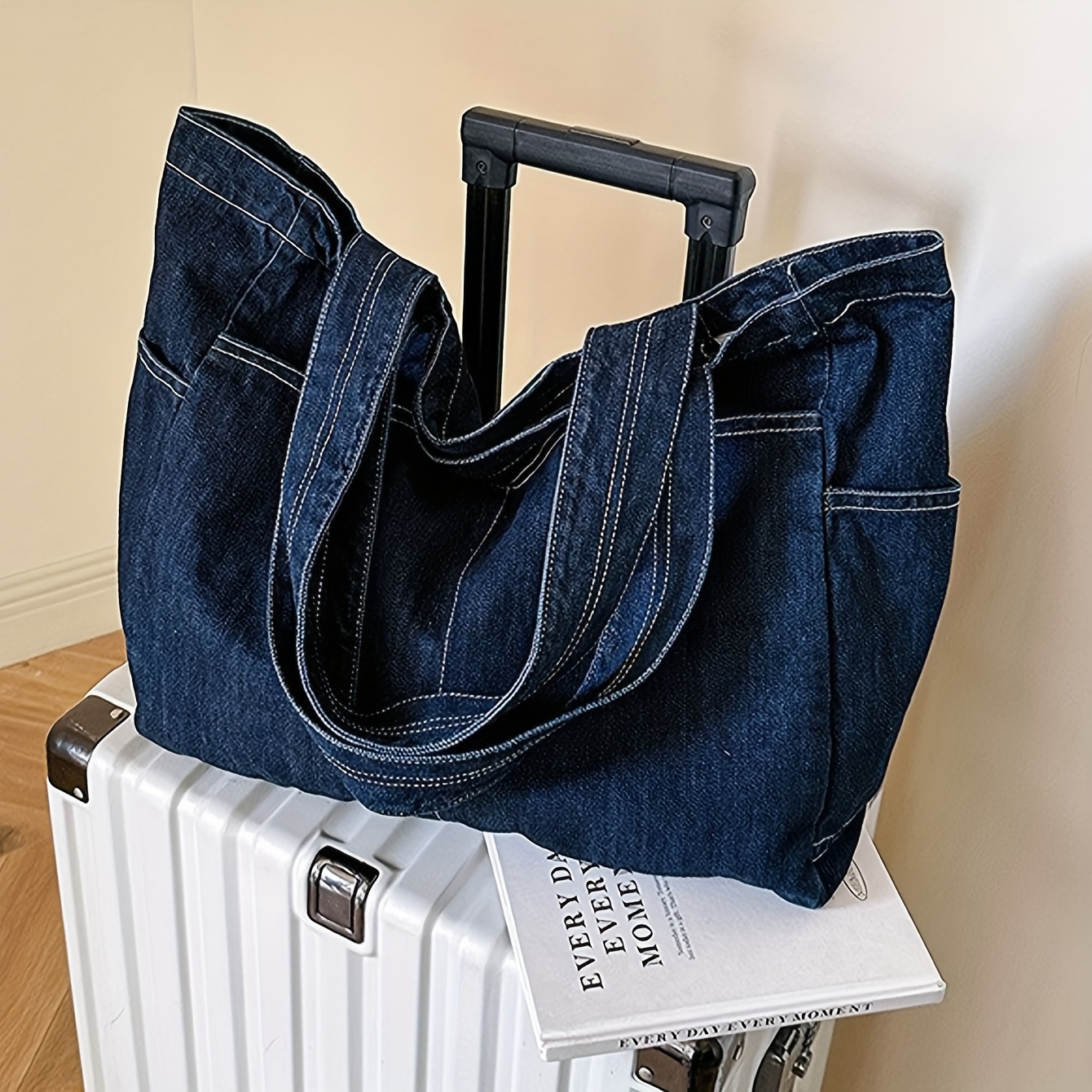 Vintage Denim Tote Bag, Retro Large Capacity Shoulder Bag, Women&#39;s Casual Handbag &amp; Shopping Bag
