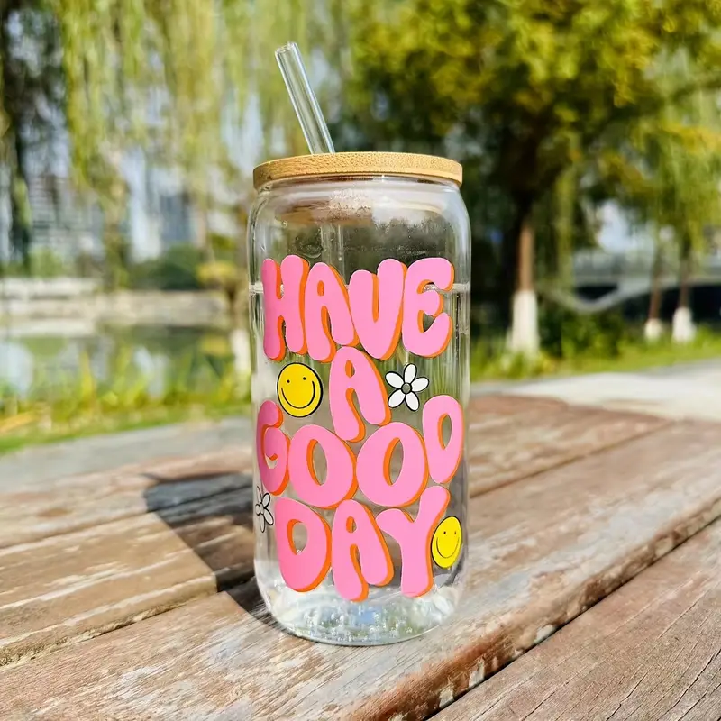1pc, Have A Good Day Drinking Glass With Lid And Straw, 16.9OZ/500ML Can Shaped Glass Water Cup, Iced Coffee Cup, For Beer, Juice, Milk, Birthday Gift