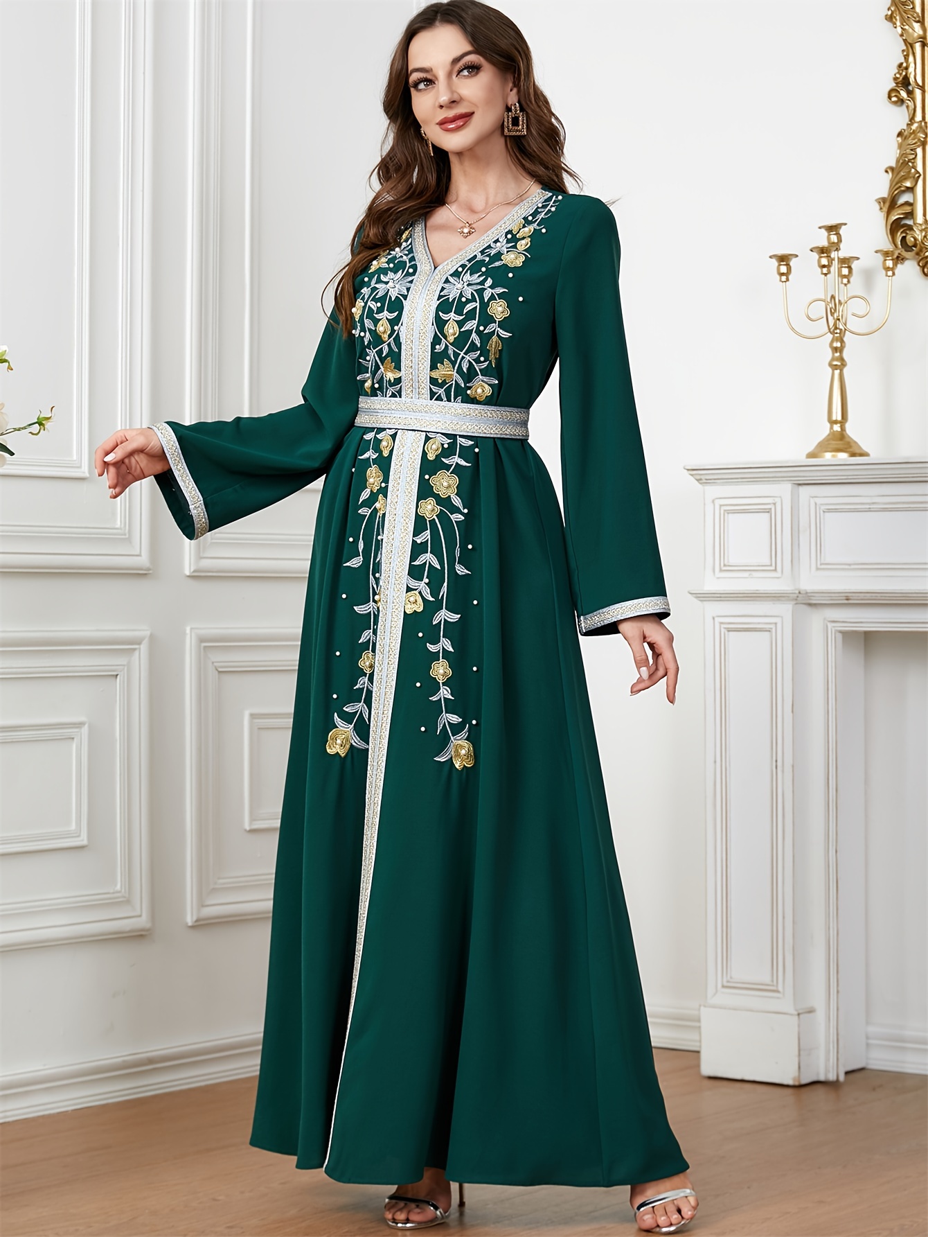 green emerald velvet dress Strapless Floral Beaded Embroidery Midi Dress in Ivory Multi main image 0