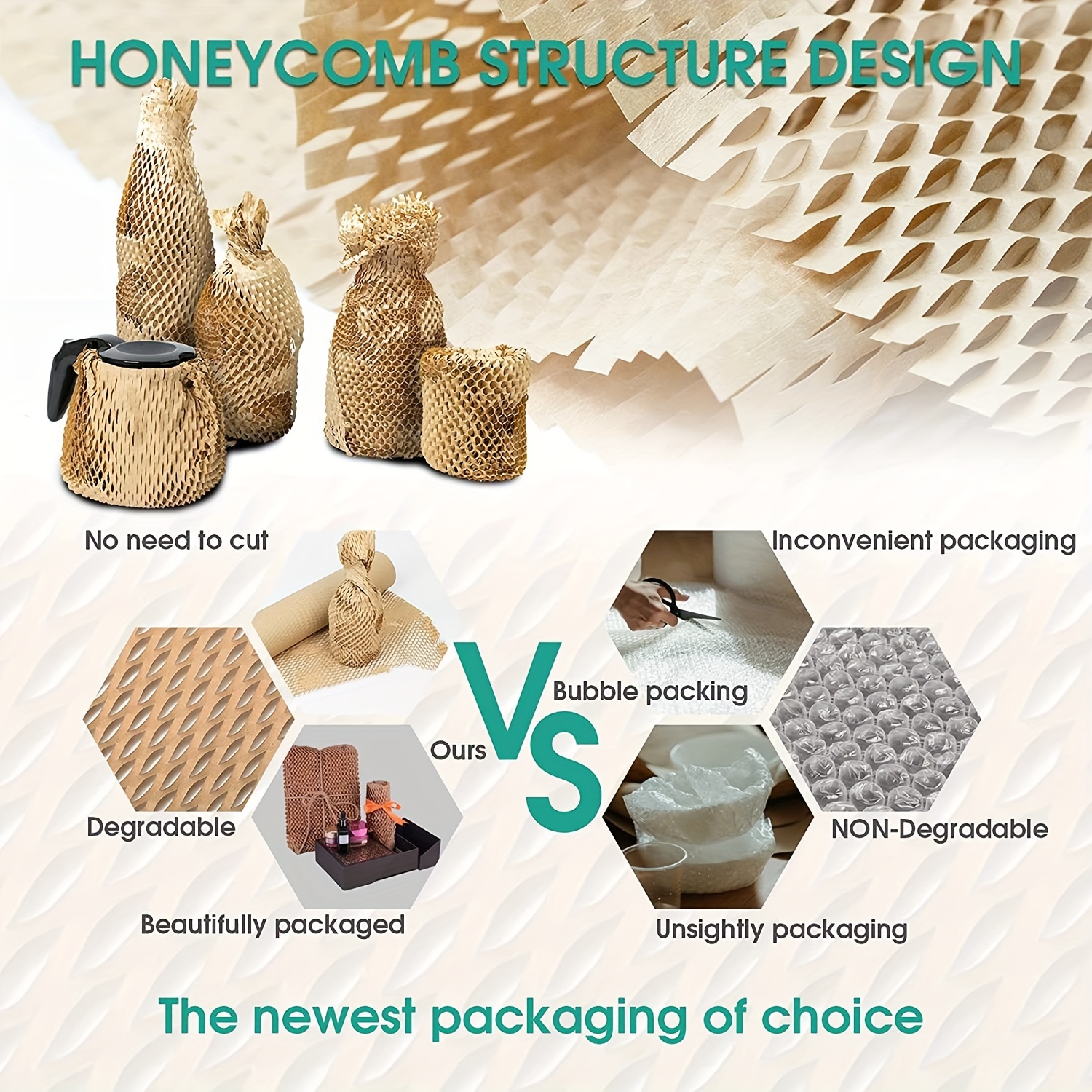 Papel de embalaje de nido de abeja, rollo de envoltura de burbujas de 15 x  200 pies para envíos en mudanza, embalaje de regalo, papel de amortiguación